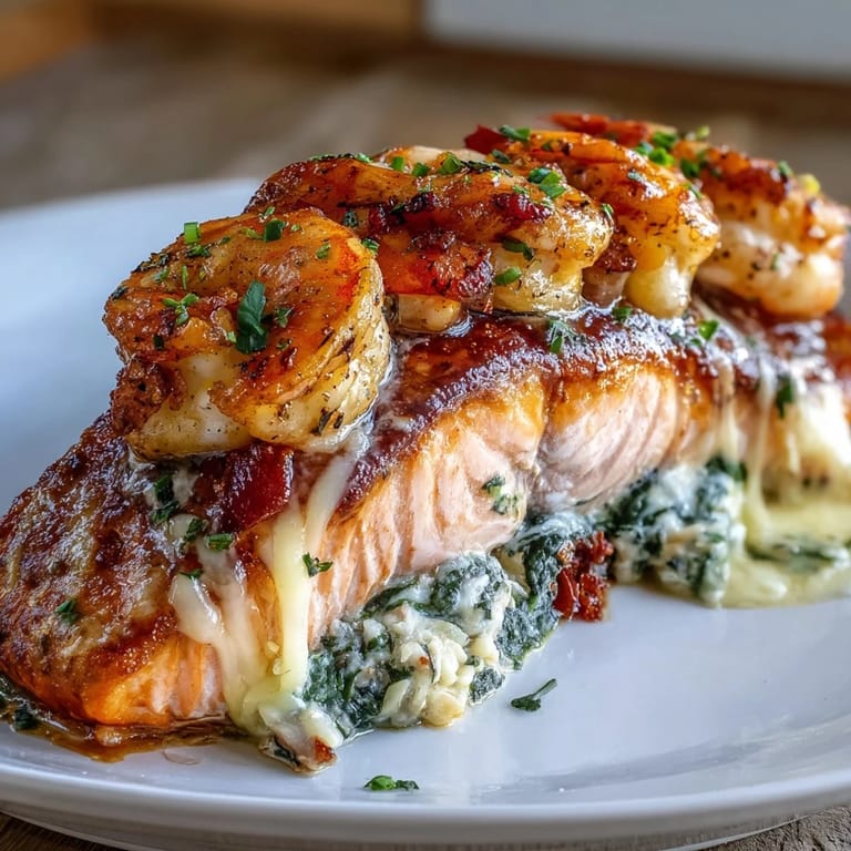 1. Crab and shrimp stuffed salmon with creamy spinach filling, topped with Cajun-spiced shrimp and baked to golden perfection.