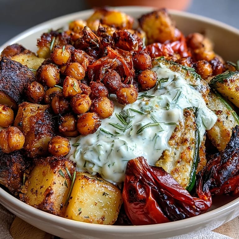 3. Farbenfrohe mediterrane Gemüseschale mit knusprigen Kichererbsen und hausgemachtem Tzatziki.