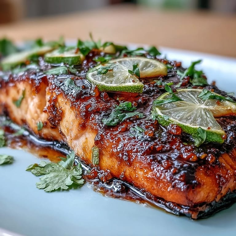 3. Zartes, im Ofen gegartes Lachsfilet mit glänzender Honig-Limetten-Knoblauch-Butter-Glasur und Limettenscheiben.