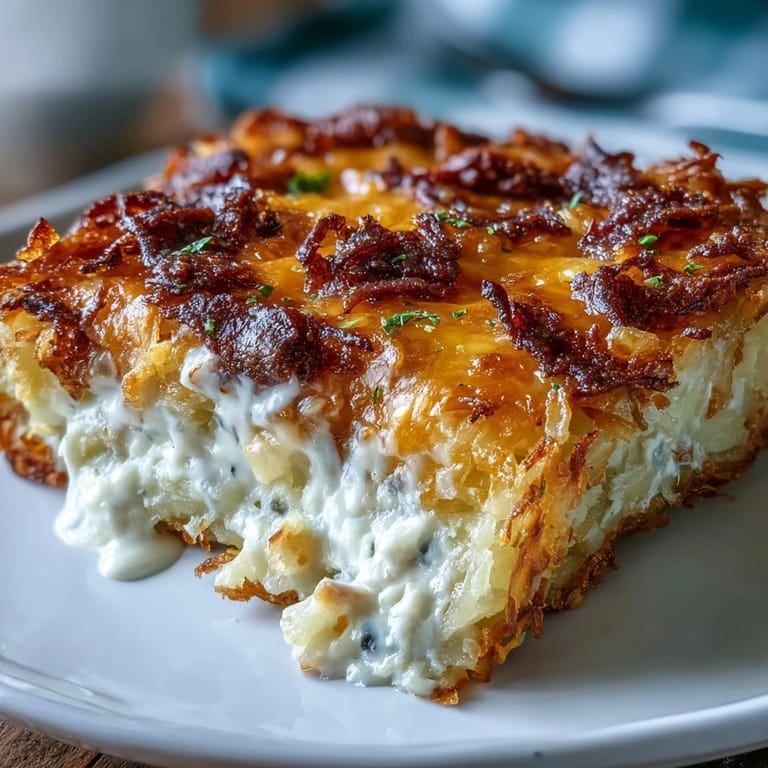 1. Cremige, käsig überbackene Hashbrown-Casserole im Cracker Barrel-Stil, goldbraun und blubbernd aus dem Ofen, perfekt für ein gemütliches Frühstück oder als Beilage.