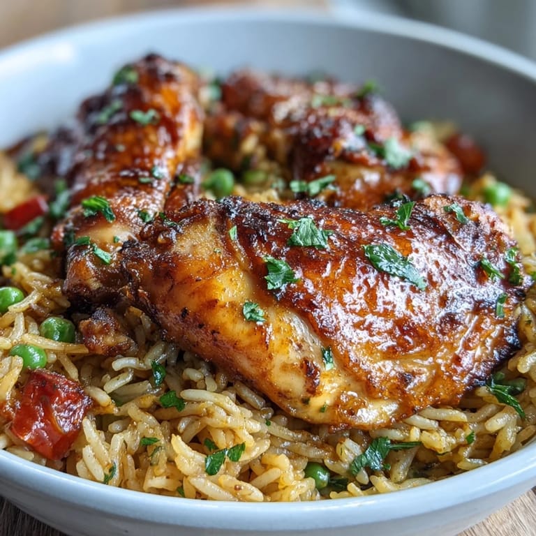 3. Saftiges Nandos-Hühnchen auf lockerem, gewürztem Reis mit bunter Paprika und Erbsen – ein aromatisches, einfaches Ein-Topf-Gericht.