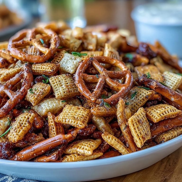 Ein würziger Chex-Mix mit Dillgurken-Note, ideal zum Naschen oder als Party-Snack.