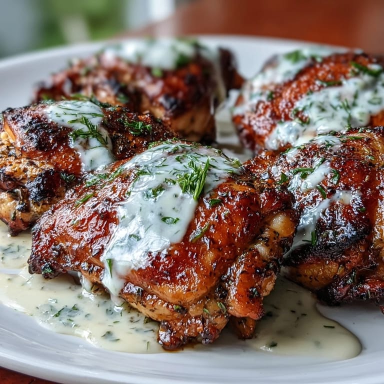 3. Knusprige Hähnchenschenkel, gewürzt mit Zaatar, perfekt geröstet und mit frischer Tahini-Sauce garniert.