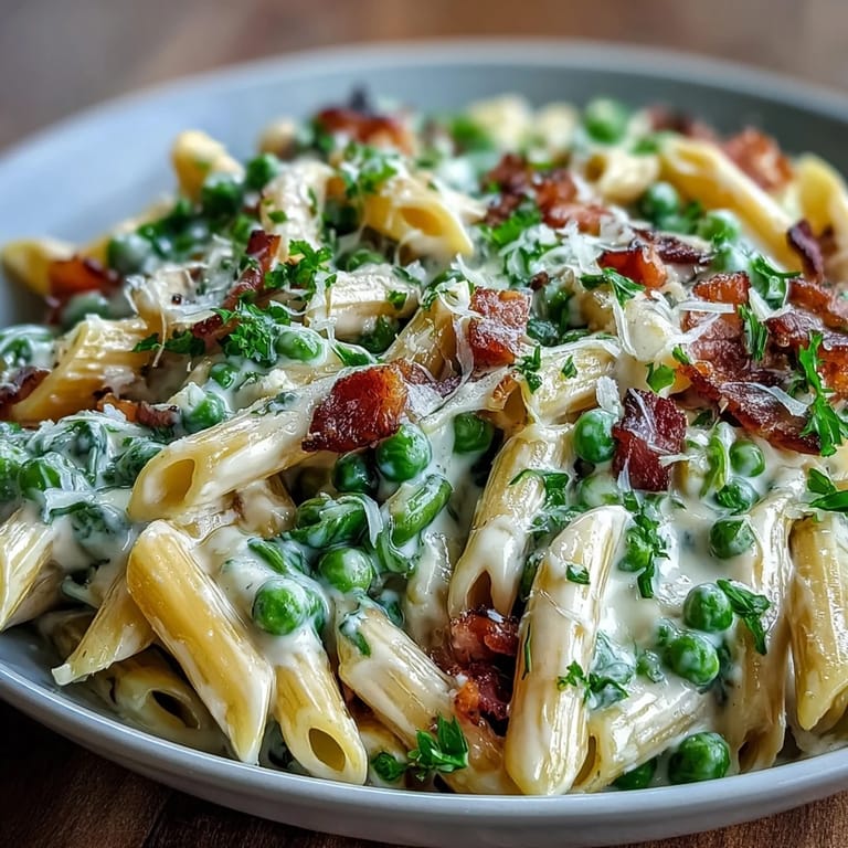 Nahaufnahme von cremiger Pasta mit zartem Schinken, süßen Erbsen und Lauch, garniert mit frisch geriebenem Parmesan.