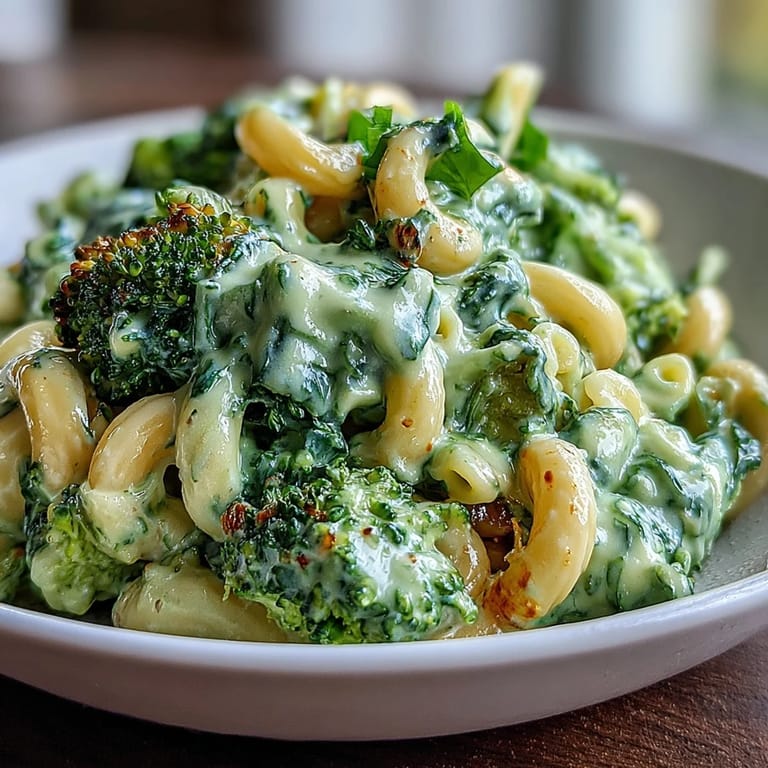 Veganes grünes Mac and Cheese mit Spinat und Brokkoli: buntes, cremiges Pasta-Gericht mit frischem Gemüse und Käsesauce.