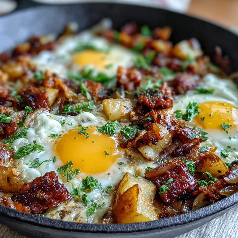 Herzhafte Corned Beef Hash Pfanne mit sautierten Zwiebeln, Paprika und rauchigem Paprika-Aroma für ein wärmendes Frühstück.  