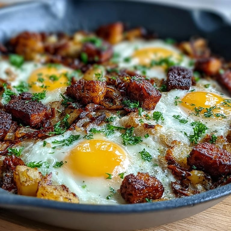 Klassische Corned Beef Hash Breakfast Skillet mit knusprigen Kartoffeln, zarten Corned Beef-Stückchen und flüssigen Eigelben.