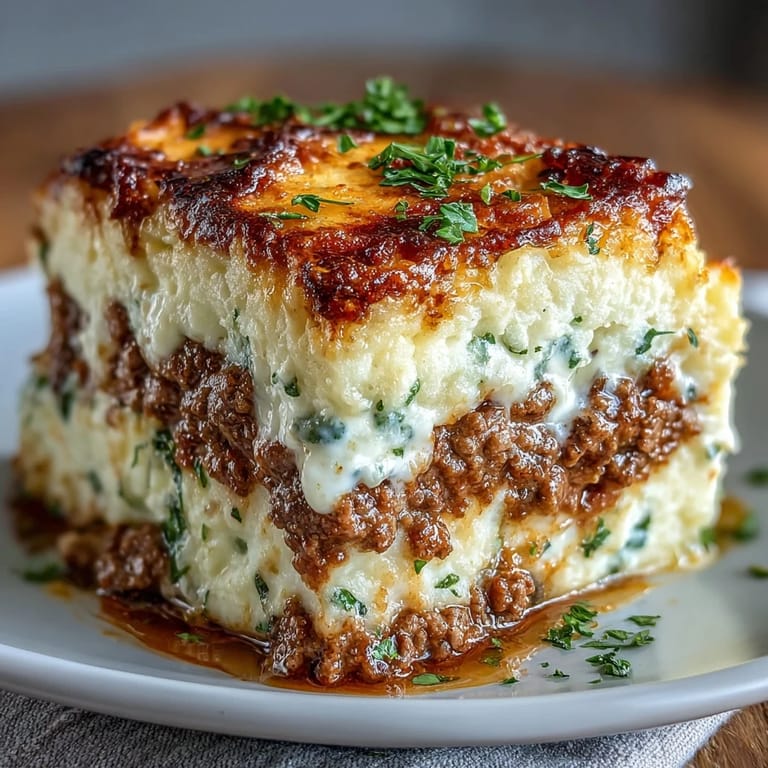 Cremiges Blumenkohl-Püree über würzigem Hackfleisch-Gemüse-Gemisch, perfekt gebacken.  