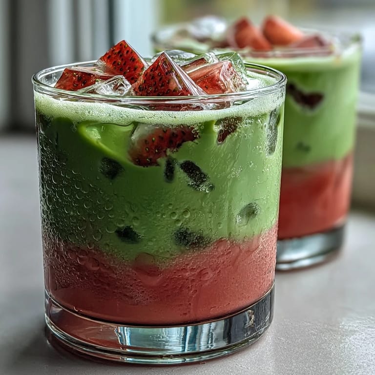 Zwei Gläser gefüllt mit Erdbeerpüree, Matcha und Kokosmilch, perfekt für warme Tage.