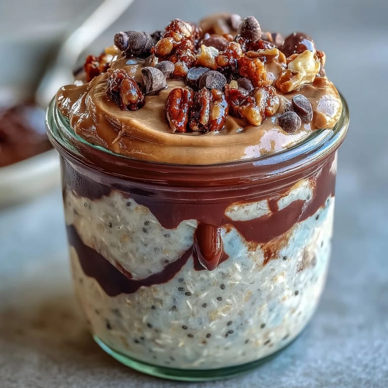 Genussvolle Erdnussbutter-Schoko-Übernacht-Oats mit knusprigen Erdnüssen und Bananenscheiben.  
