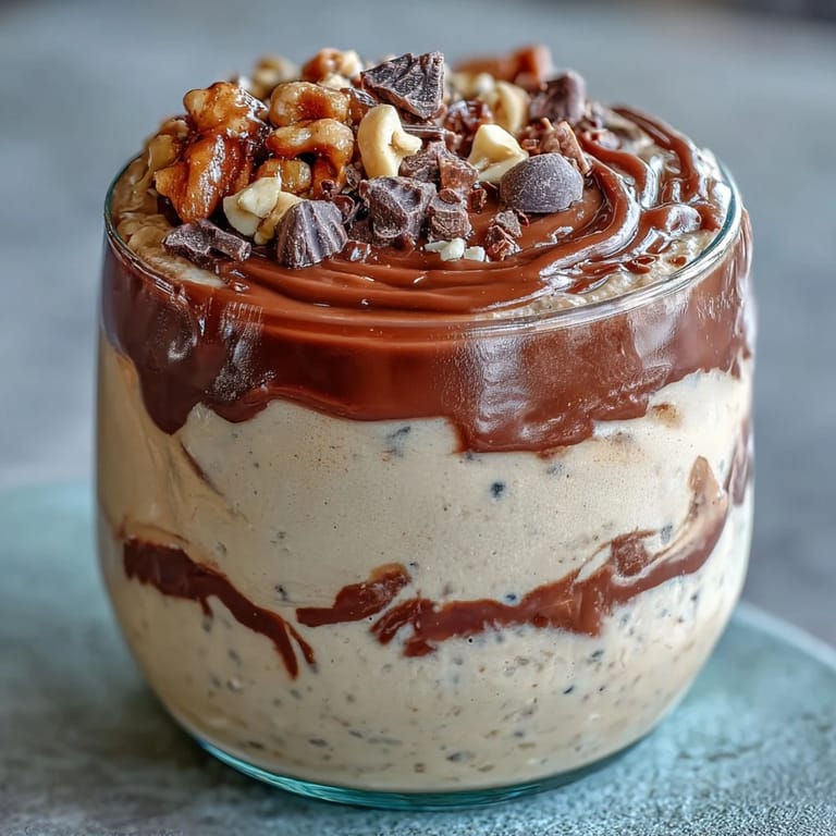 Verführerische Erdnussbutter-Schoko-Übernacht-Oats im Glas, perfekt für ein süßes Frühstück oder Dessert.