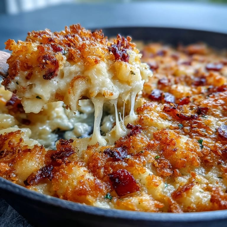 Rührei und Schinken in cremiger Käsesauce über goldgelben Kartoffeln  