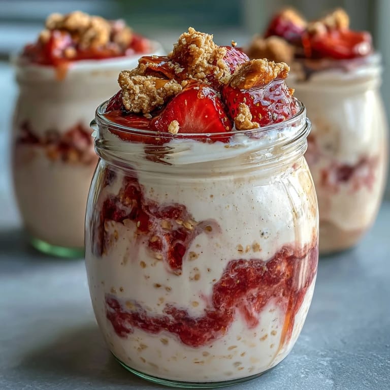 Sinnliche, süße Erdbeer-Käsekuchen-Haferflocken mit knusprigem Topping, ein verlockendes vegetarisches Frühstück für jeden Tag.