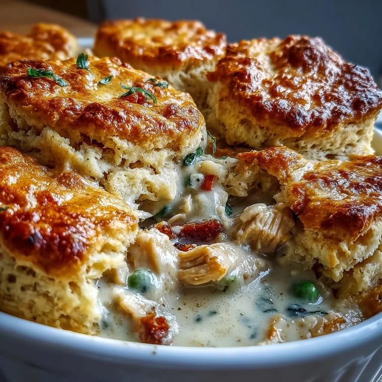 Herzhafte Creamy Chicken Pot Pie mit Biscuit Topping, dampfend aus dem Ofen mit knusprigem Keksbelag.
