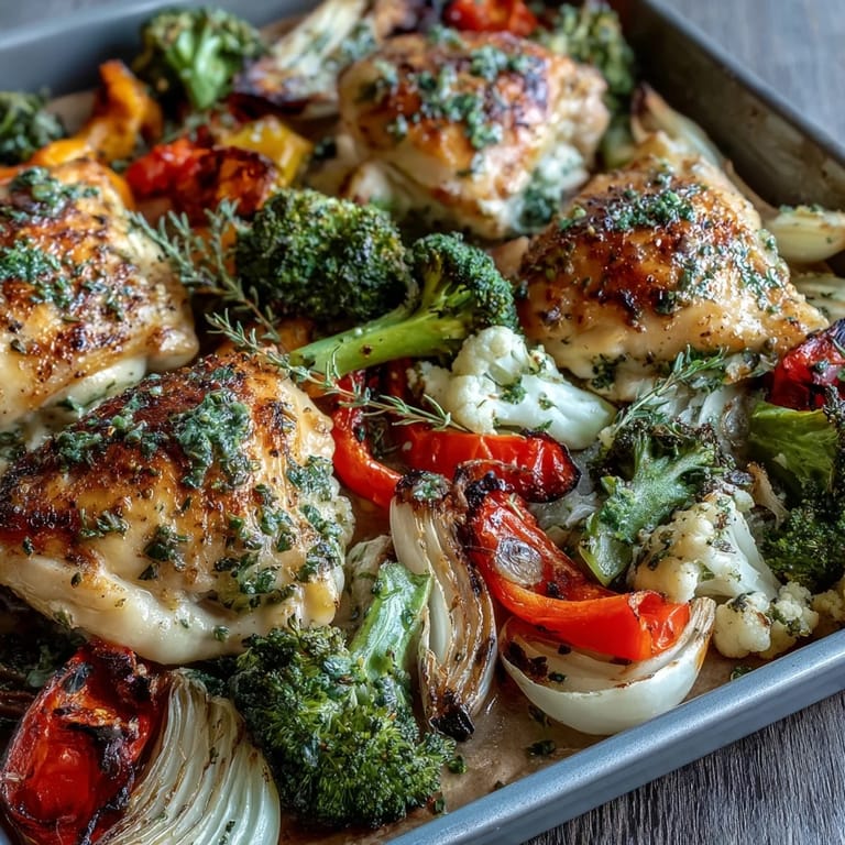 Schnelles und einfaches Blechpfanne Hühnchen und Gemüse mit aromatischen Kräutern und knusprigen Gemüse.  