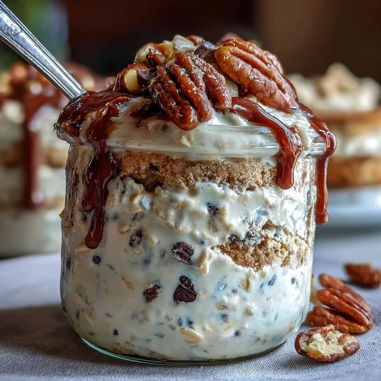 Proteinreiche Cookie-Dough-Overnight-Oats mit cremiger Textur, dunklen Schokoladenstückchen und einem Hauch Ahornsirup.