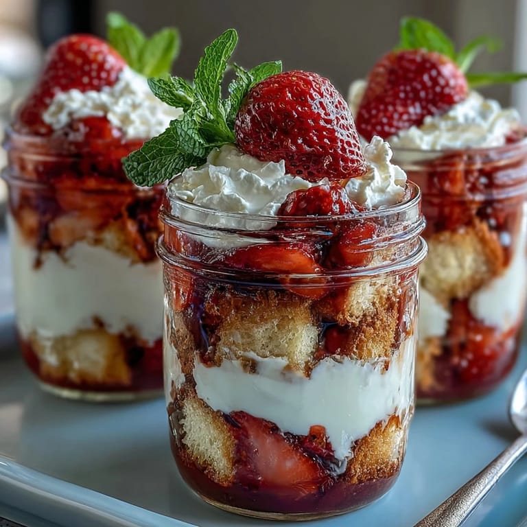 Köstliche Erdbeer-Shortcake-Parfaits in Mason-Gläsern mit goldgelbem Shortcake, frischen Beeren und luftiger Vanille-Sahne.