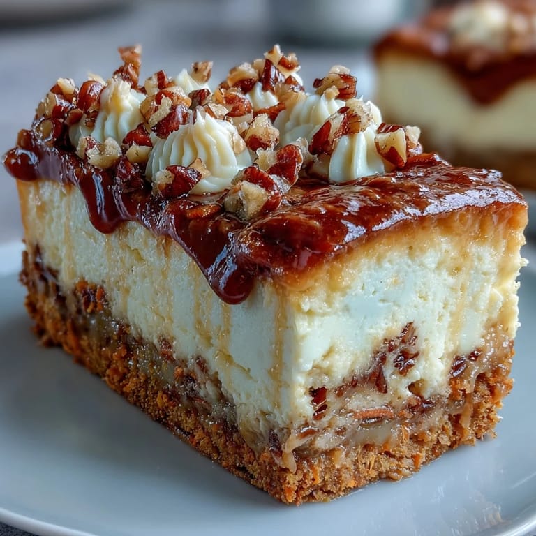 Karottenkuchen-Cheesecake-Bars mit marbriertem Belag und Walnüssen.