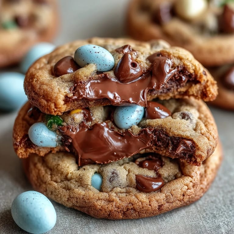 Goldene, frisch gebackene Schokoladen-Chip-Cookies mit Cadbury Mini Eiern, knusprig außen, zart innen und voller Frühlingsfarben.