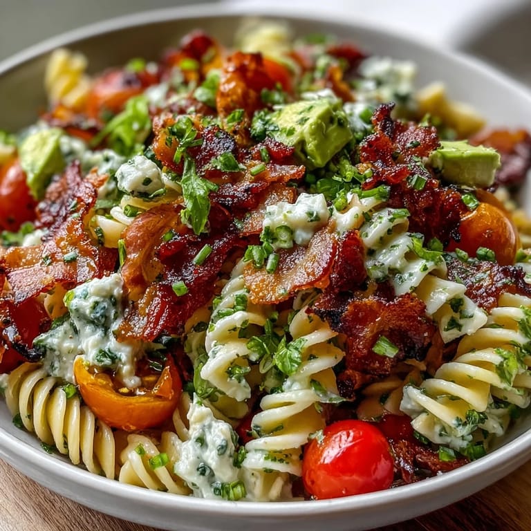 2. BLT Pasta Salad mit Avocado: Herzhafter Salat mit al dente Pasta, knusprigem Speck und saftigen Tomaten, perfekt für Sommerpartys.  