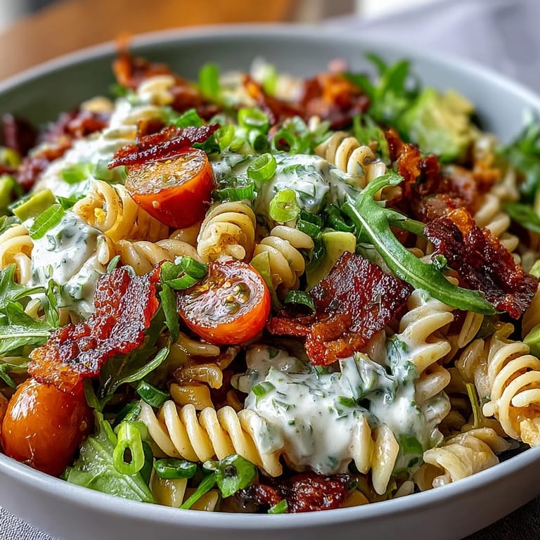 3. BLT Pasta Salad mit Bacon und Avocado: Bunter Salat mit knackigem Salat, cremiger Avocado und würzigem Speck, ideal als Beilage oder Hauptgericht.