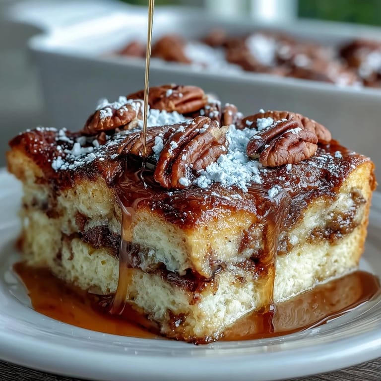 3. Saftiger Pancake-Auflauf mit Ahornsirup-Marmorierung, serviert warm mit extra Sirup und frischen Beeren für ein genussvolles Frühstück.