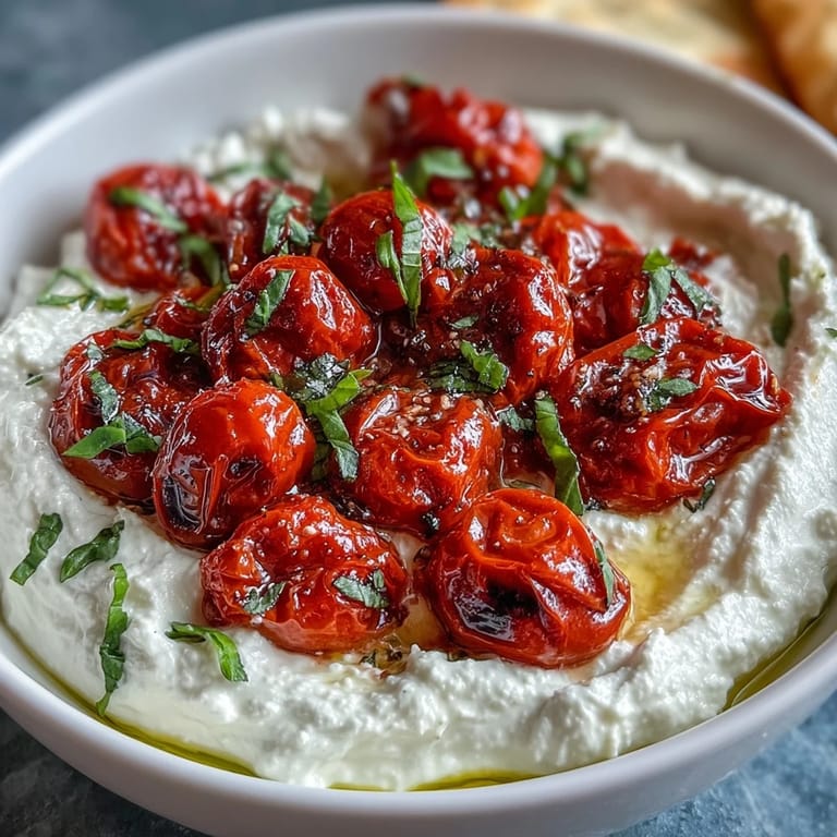 Saftige Kirschtomaten auf cremiger Feta-Creme, garniert mit frischem Basilikum und Olivenöl.