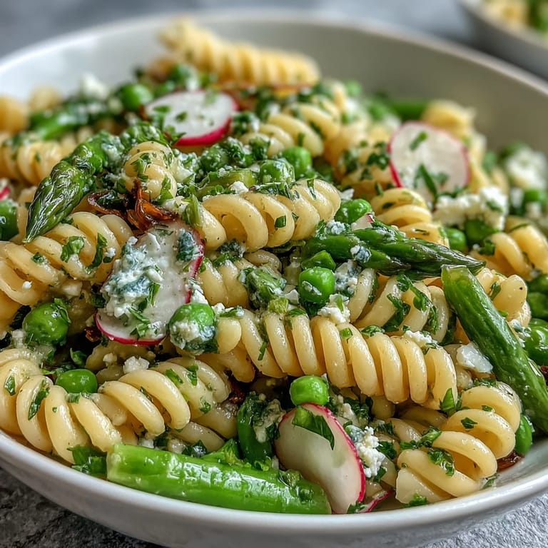 Frühlings-Nudelsalat mit Zitronen-Vinaigrette und Radieschen, perfekt für Picknicks oder leichte Mittagessen.