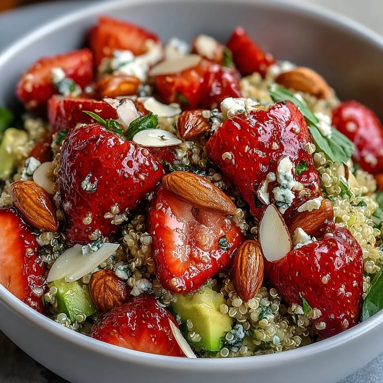 Ein farbenfroher Erdbeer-Avocado-Quinoa-Salat mit knackigem Gemüse und gerösteten Nüssen.