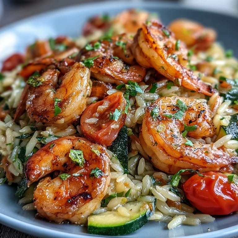 Bright and zesty One-Pan Lemon Butter Shrimp and Orzo, featuring succulent shrimp, cherry tomatoes, and zucchini.