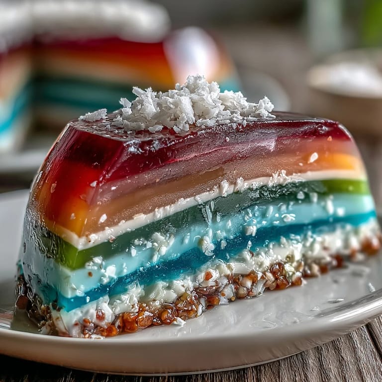 Sieben farbenfrohe Wackelpudding-Schichten, übergossen mit cremiger Kokosmilch-Decke.