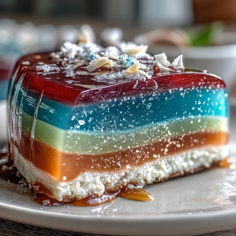 Regenbogen-Agar-Agar-Torte mit Kokoscreme, glänzend und erfrischend auf Servierteller.