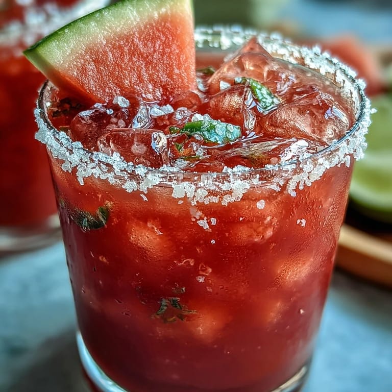 Schillernder, zitrusfrischer Wassermelonen-Mocktail mit scharfem Jalapeño-Touch, garniert mit Limetten.