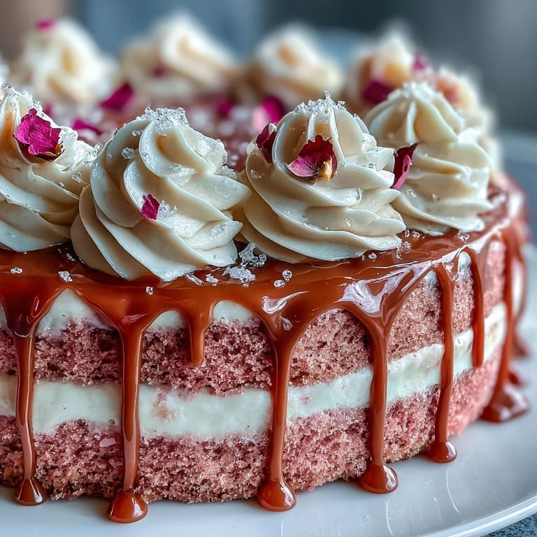 Genießen Sie diesen feinen Rosé-Samt-Kuchen mit verführerischem Gold-Drip.