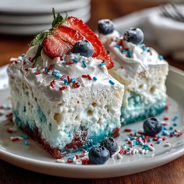 Ein saftiger Memorial Day Red White Blue Poke Cake, servierfertig mit Streuseln.