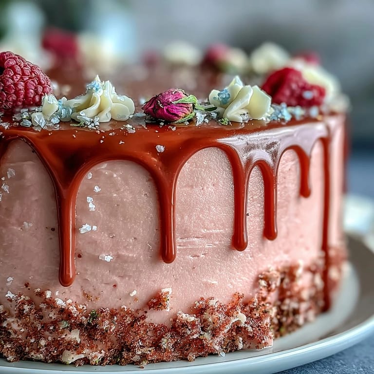 Prächtiger Rosé-Samtkuchen mit zarter Creme und edlem Goldschimmer.