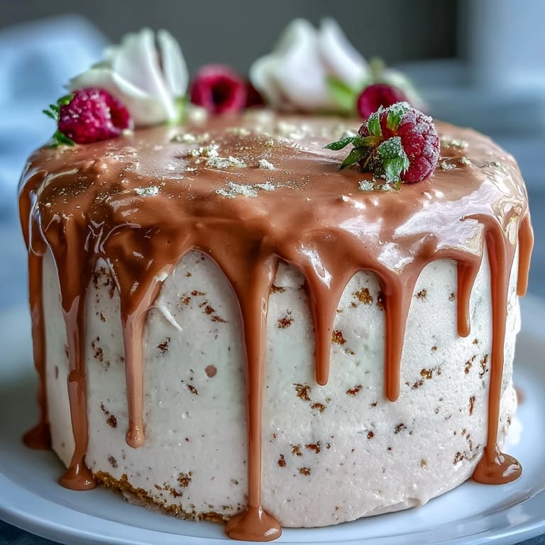 Festlicher Rosé-Samtkuchen, üppig dekoriert mit glänzendem Goldtropfen.