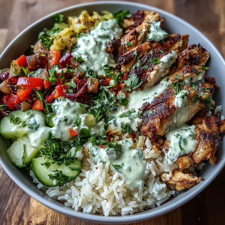Nahaufnahme einer vollwertigen Middle Eastern Shawarma Bowl, frisch und bunt.
