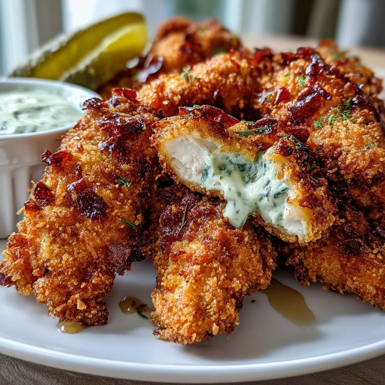 Hausgemachte Extra Crispy Pickle Brine Chicken Tenders, serviert mit Dip.