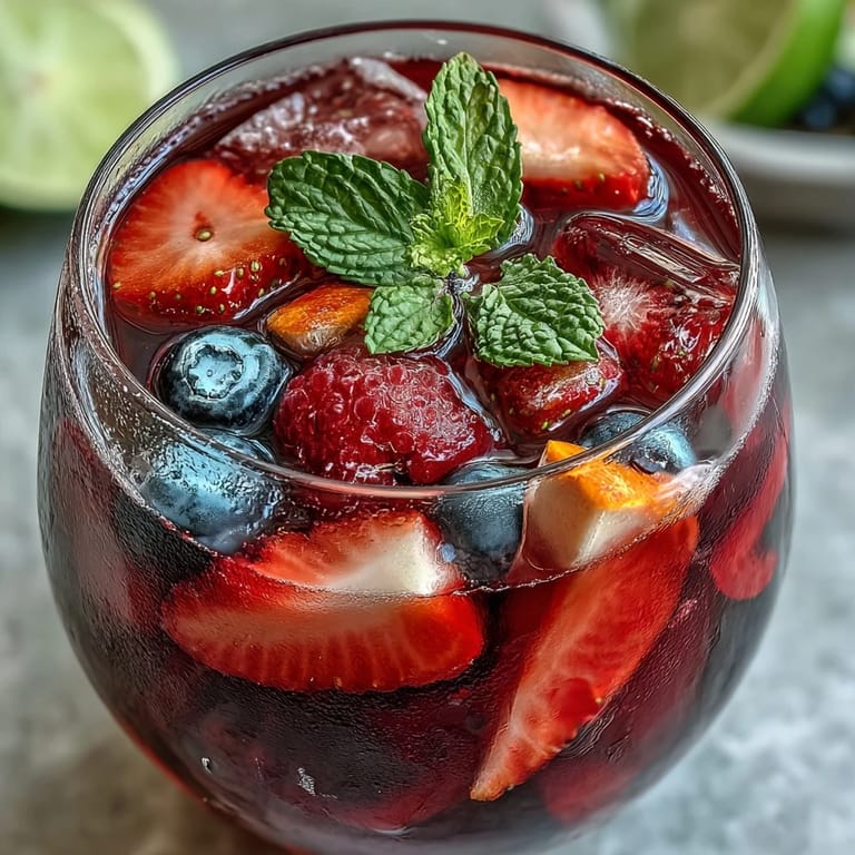 Leuchtend roter Eistee aus Hibiskus mit frischen Sommerbeeren, perfekt für heiße Tage.