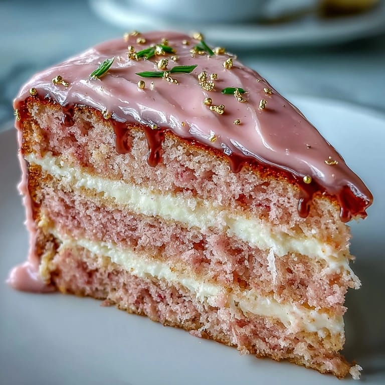 Festlicher Rosé Cake mit cremiger Glasur und elegant fließendem Goldrand dekoriert.