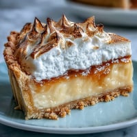 A freshly baked Lemon Meringue Pie with golden-brown peaks sits on a wooden table next to sliced lemons.