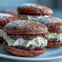 Dunkle Schokoladen-Whoopie Pies mit cremiger Kaffee-Mascarpone-Füllung, bestäubt mit Kakaopulver für ein tiramisu-ähnliches Dessert.
