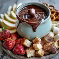 Boozy Chocolate Fondue mit frischen Erdbeeren und Apfelstücken für süße Partyabende.