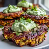Crispy Sweet Potato & Red Lentil Patties piled high with golden edges, served with creamy avocado cilantro sauce. 