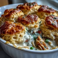 Creamy Chicken Pot Pie mit Biscuit Topping auf einem rustikalen Teller, goldbraune Kekse über cremigem Hühnchen und Gemüse.