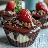 Verführerische Dubai Chocolate Strawberry Cups mit Lotus Biscoff Crumble, gefüllt mit frischen Erdbeeren und Sahne, ein beeindruckendes Dessert mit mittelöstlichem und europäischem Flair.