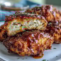 Goldbraune, knusprige Hühnchenstücke aus dem Ofen, überzogen mit einer scharf-süßen Honig-Sauce.