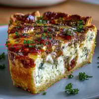 Köstliche Spring Brunch Quiche mit Lauch und Gruyère, goldbraun gebacken und mit frischen Kräutern bestreut.  