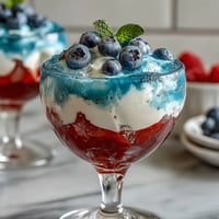 Festliche rote, weiße und blaue Jello-Schichten in klaren Tassen für patriotische Feiern.